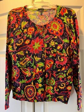 Talbots Multicolor Floral Button-Front Long-Sleeved Cardigan